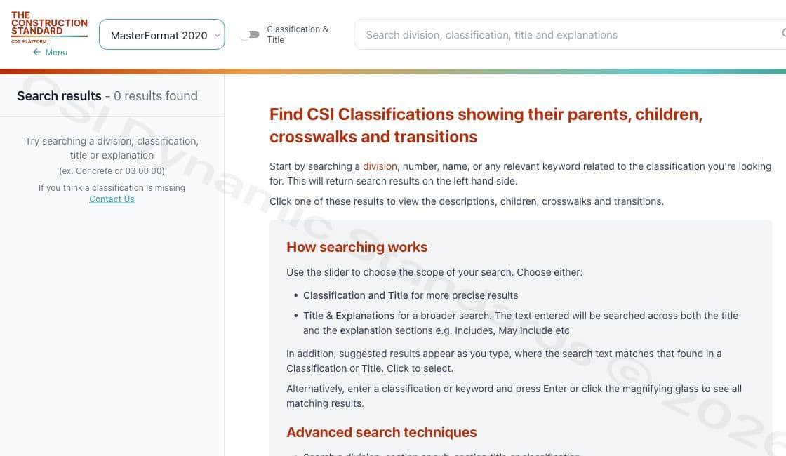 CSI Dynamic Standards search interface